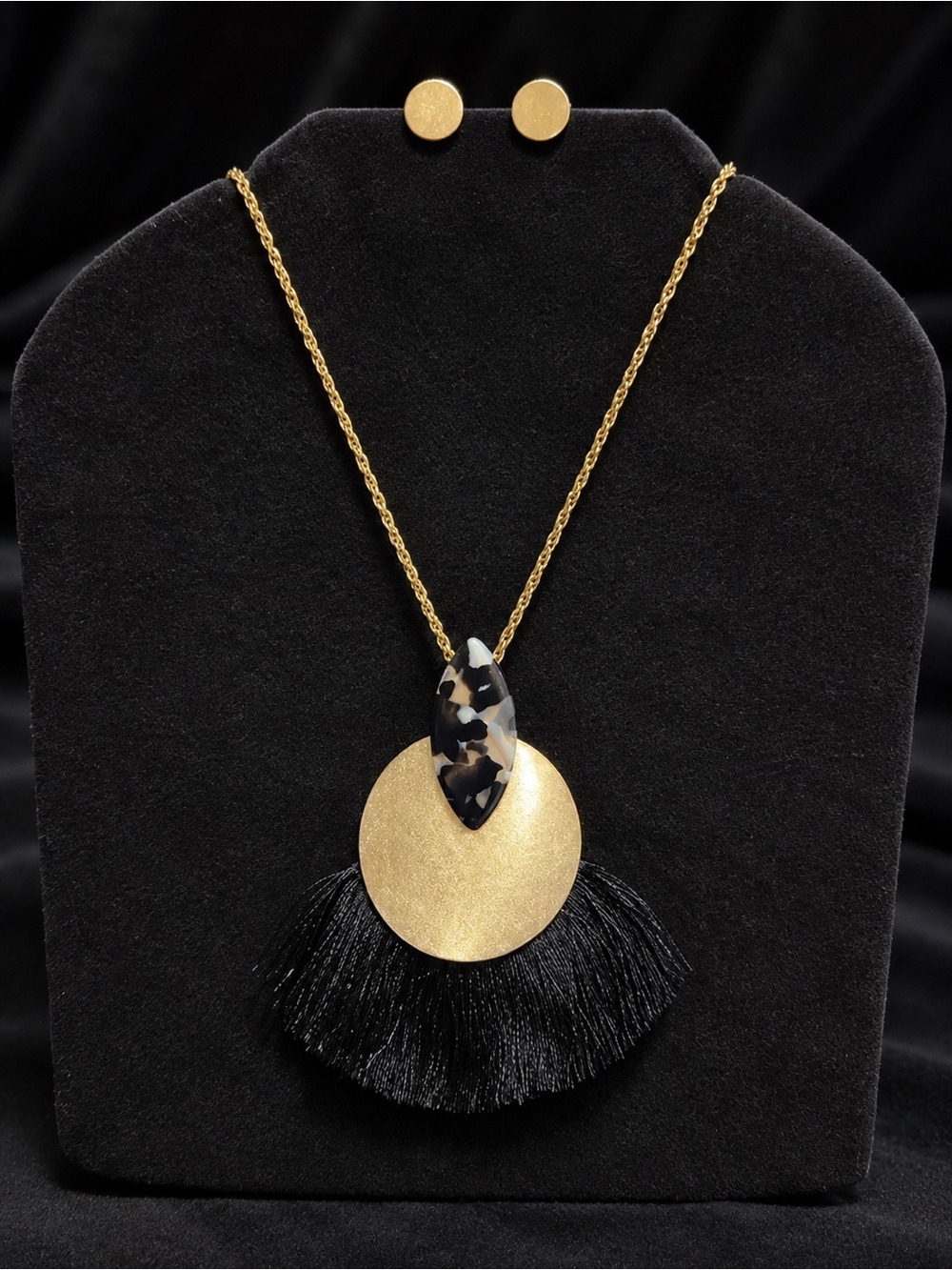 Gold Tone Black Tassel Pendant Necklace & Stud Earring Set